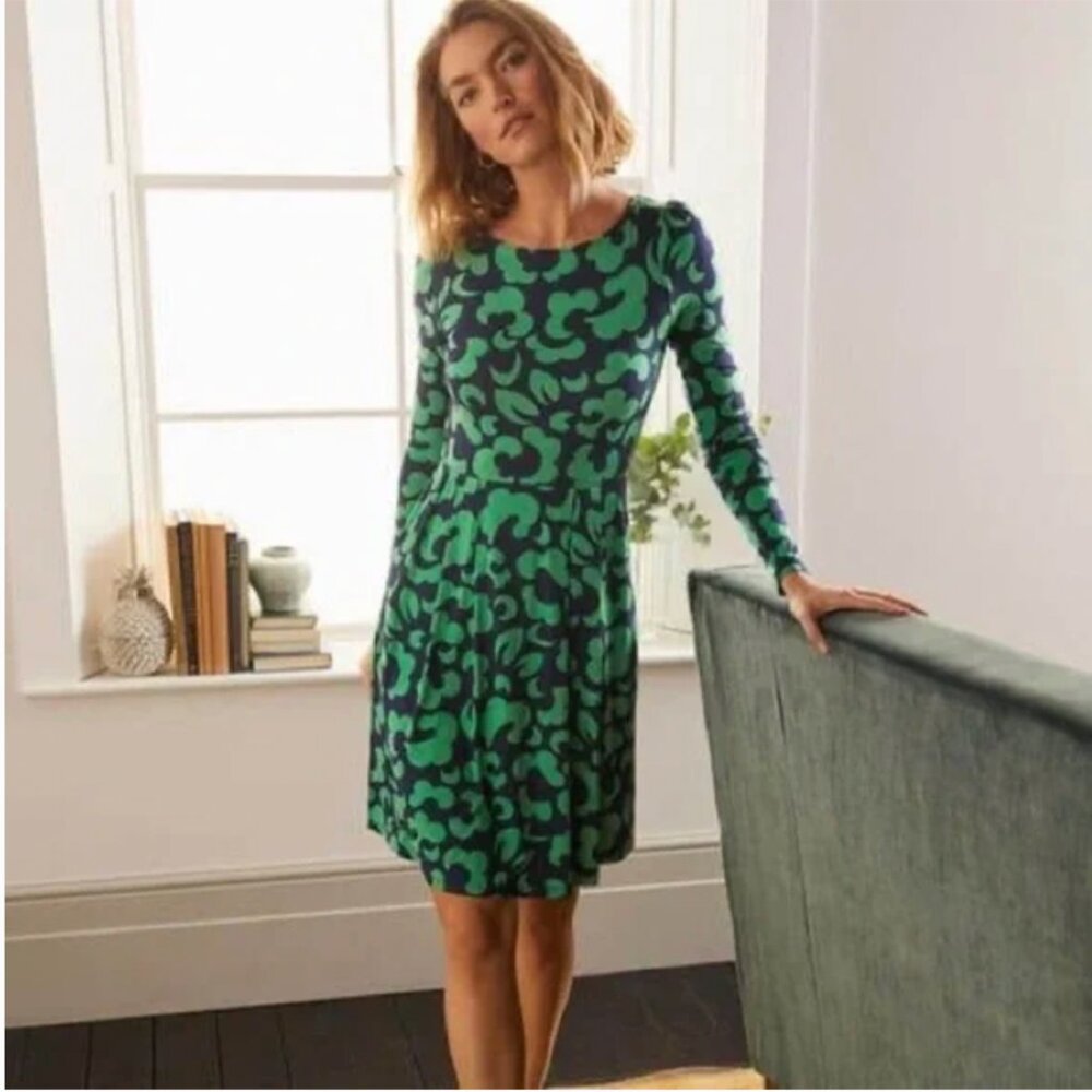 Boden Francesca Jersey Long Sleeve Dress Green Spinning Petals Print Size 8L